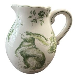 Maxcera Green & White Rabbit Roses Toile Floral Ceramic Vase Pitcher 8.5" Easter
